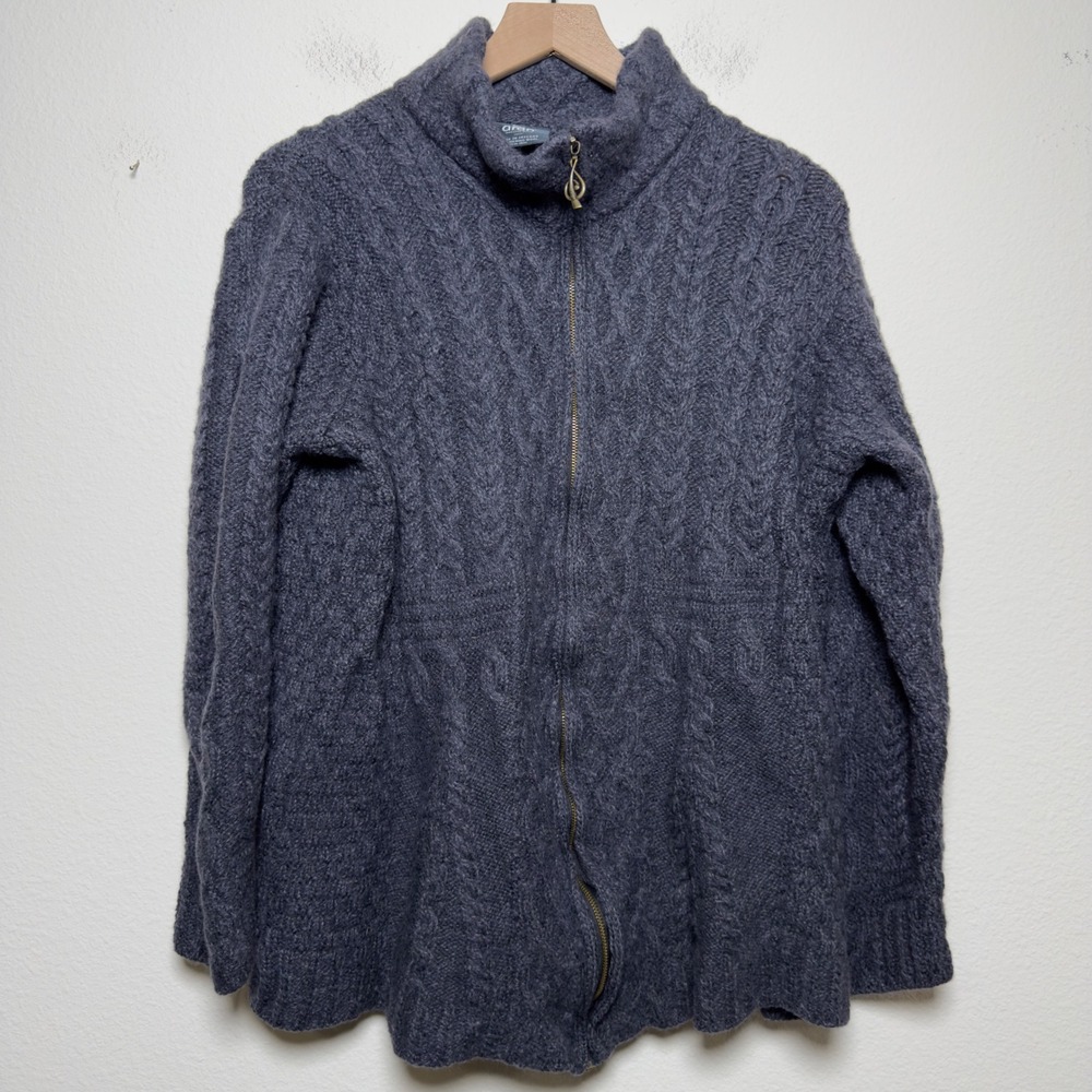 Aran Woollen Mills Women 100% Merino Wool Cardigan XXL Blue Zip Up Cable Knit